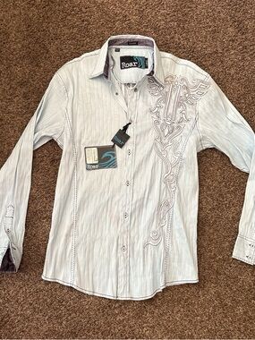 Roar Men's Light Gray Pinstripe Embroidered Button-Down Shirt